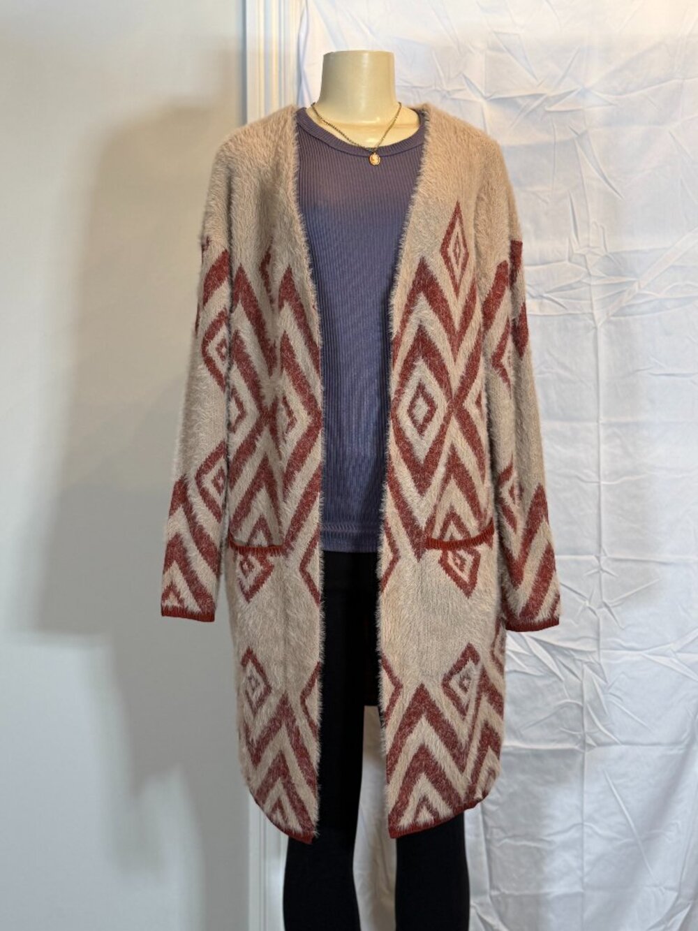 Maurices Western Fuzzy Long Sleeve Cardigan Tan/Brick Women's M